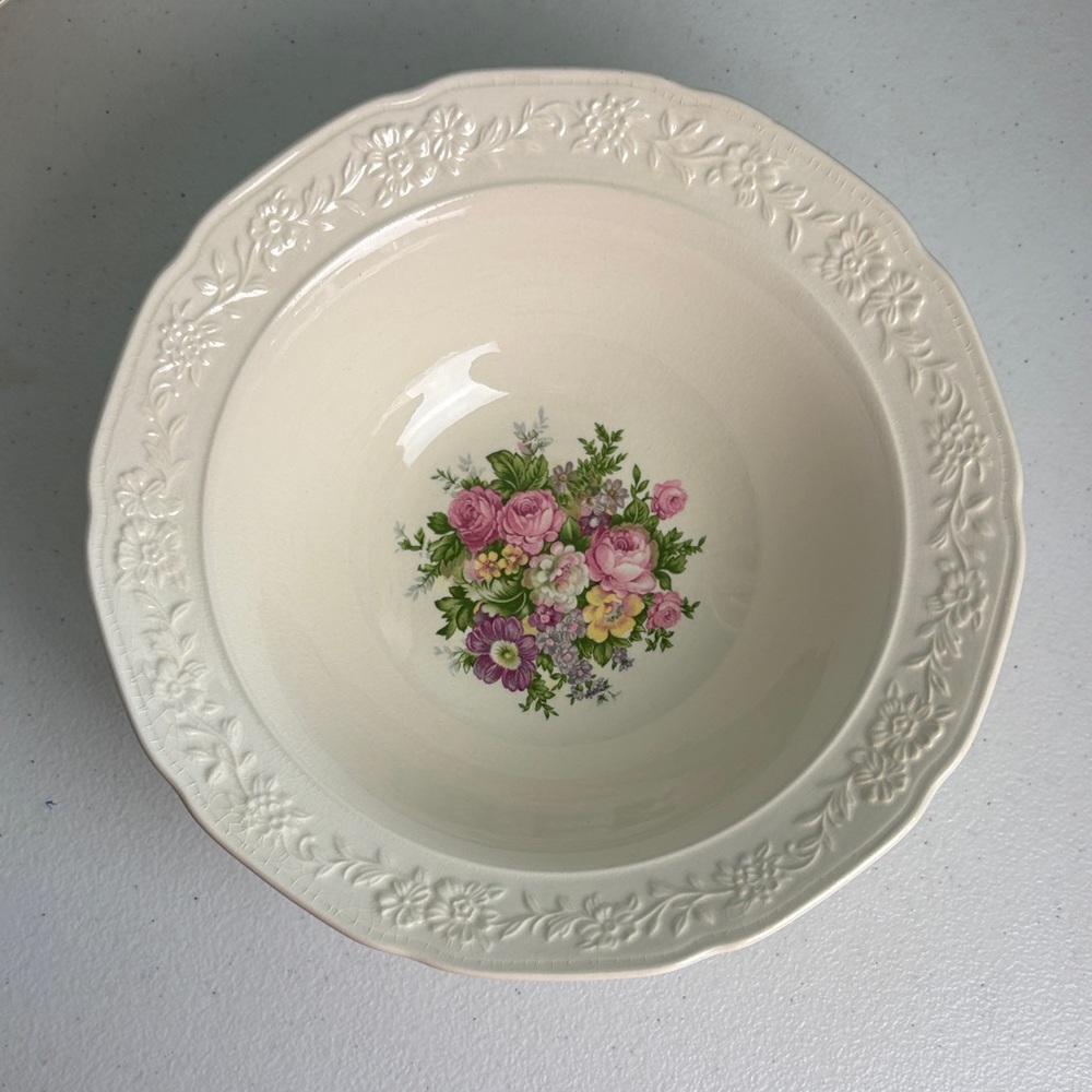 1942 Crown Potteries Classic Floral Embossed Cream Serving Bowl ST9695 8.75”
